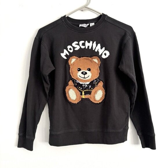 MOSCHINO Teen Black Pullover Crewneck Sweatshirt Embroidered Teddy Bear Sz 12